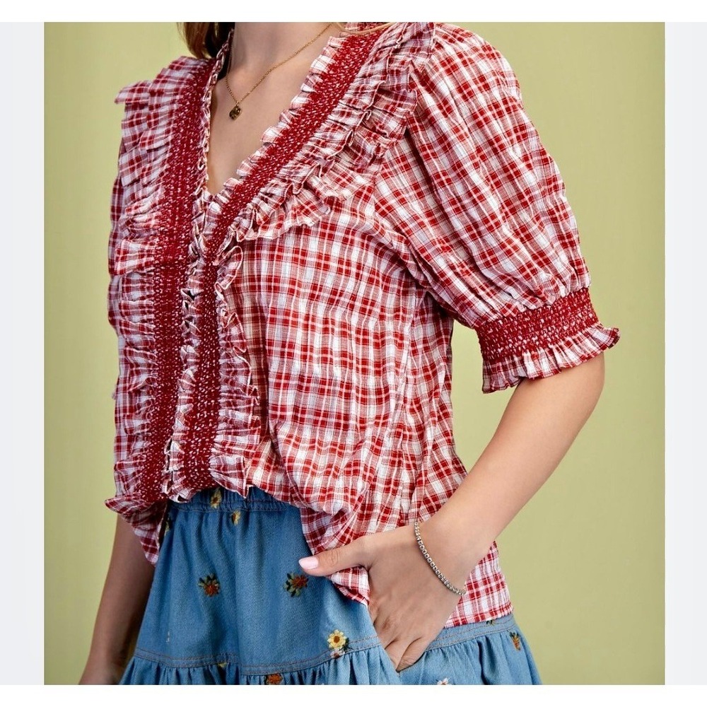 Easel Anthropologie Plaid Blouse Womens M Red Ruffle Puff Sleeve  Cottagecore